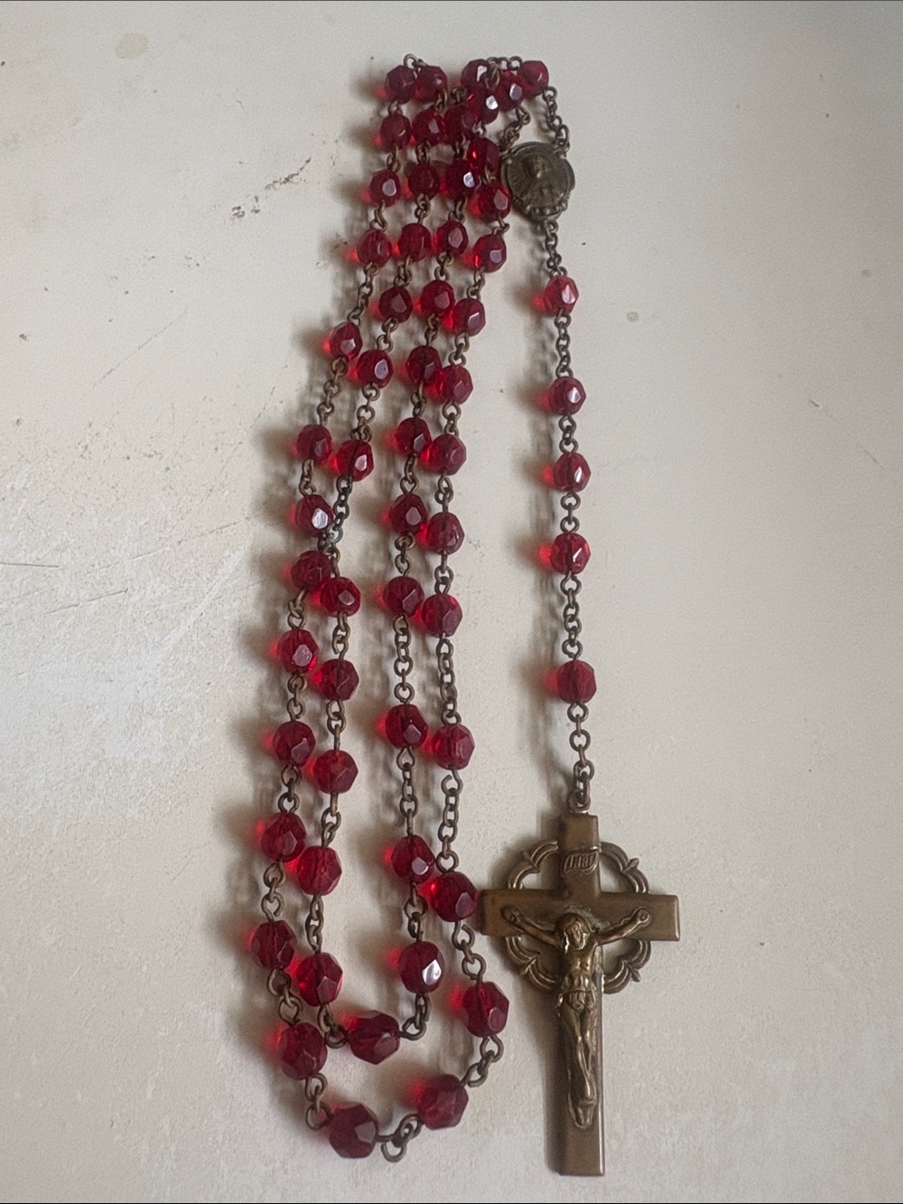 Red Crystal Rosary Necklace with Bronze Crucifix
